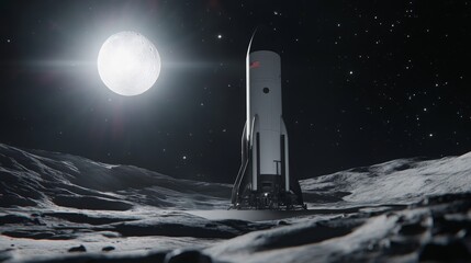 Aufkleber - A futuristic rocket stands on the moon's rocky terrain, surrounded by a dark sky filled with stars, illuminated by the bright full moon