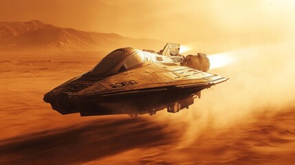 Aufkleber - The sleek spacecraft zips across the dusty, orange surface of Mars, leaving behind a trail of dust as it maneuvers through rugged terrain under a glowing sunset sky.