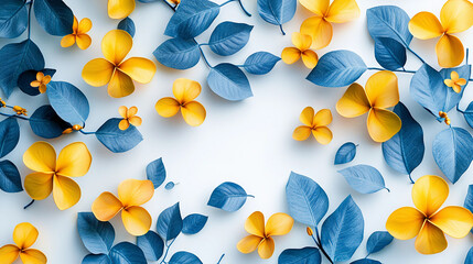 A blue and yellow flower arrangement with a white background