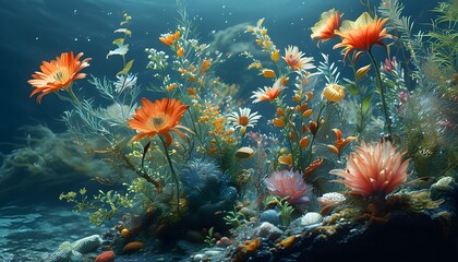 Underwater Wonderland: Vibrant Flowers and Marine Life Harmoniously Blending in a Photorealistic Deep Sea Landscape