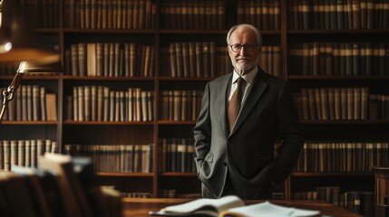 Fototapete - The professor stands proudly in a well-lit study, surrounded by shelves brimming with books, exuding a sense of knowledge and authority. Generative AI