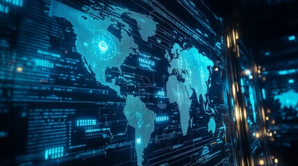 Poster - A high-tech digital world map is prominently featured against a futuristic data server background, emphasizing advanced data visualization techniques in a tech-centric environment
