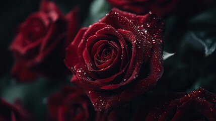 Poster - A bouquet of deep red roses showcases delicate droplets of water on each petal, emphasizing their stunning beauty and freshness. Generative AI