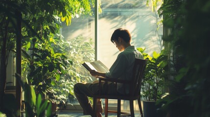 Aufkleber - A young individual sits comfortably in a chair, engrossed in a book. Sunlight filters through the window, illuminating the vibrant plants around, creating a tranquil and cozy atmosphere.