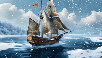 Wall Mural - Nautical adventure through icy waters under a serene snowfall, showcasing stunning photorealistic detail