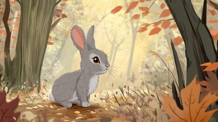 A curious rabbit exploring a forest floor, sniffing the leaves and twigs along its path.