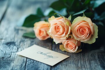 Poster - Delicate roses in soft hues rest on a rustic wooden surface beside a charming handwritten note, adding a personal touch to the arrangement. Generative AI