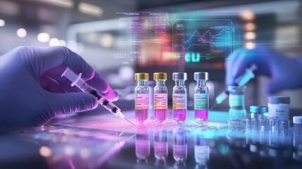 Poster - A gloved hand holding a syringe is positioned next to four vials of vaccine. The vials have liquid of different colors