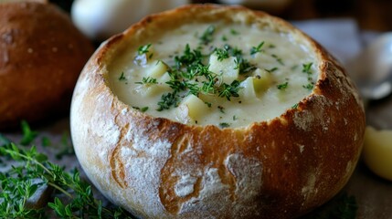 A hearty potato and leek soup garnished with fresh herbs, served in a rustic bread bowl.