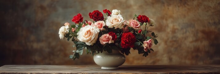 Poster - A charming vintage ceramic vase holds a lush bouquet of roses and carnations, beautifully placed on an antique wooden table. Generative AI