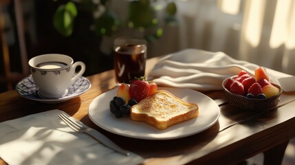 Wall Mural - A morning breakfast table with espresso, French toast, and a side of fresh fruit.