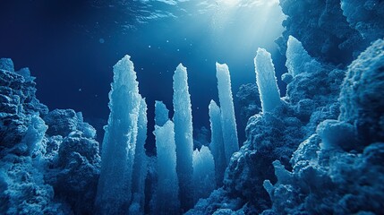 Underwater ice formations resembling natural sculptures.