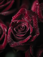 Aufkleber - Deep red roses with glistening water droplets reveal nature’s elegance, capturing the essence of fresh blooms in stunning clarity. Generative AI