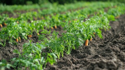 Wall Mural - A field of carrots ready for harvest, with green tops emerging from the soil