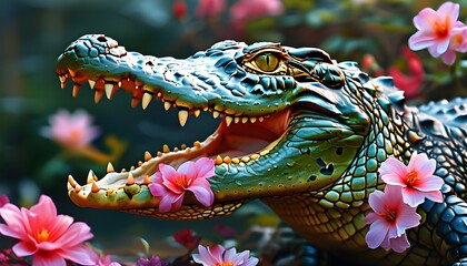 Surreal display of blooming flowers nestled in the open mouth of a crocodile, merging vibrant nature with striking imagery