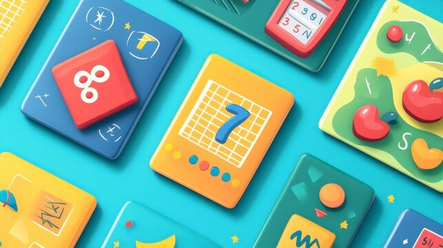 A set of flashcards with math problems and colorful illustrations to engage children in learning arithmetic.
