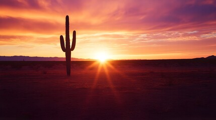 Wall Mural - solitary cactus silhouetted against a colorful sunset