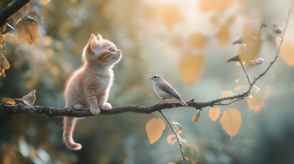 A small cat sitting on a tree branch, watching birds with its tail twitching in excitement.