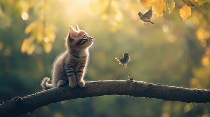 A small cat sitting on a tree branch, watching birds with its tail twitching in excitement.