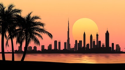 Wall Mural - Sunset Scene Over Dubai with Silhouette Elements