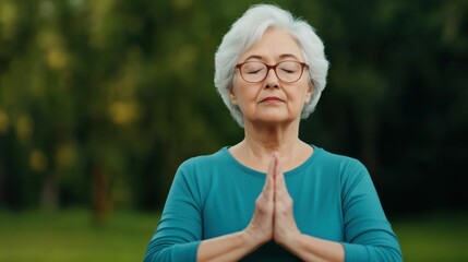 Elderly woman with white hair and glasses meditating in a park, eyes closed and hands in prayer pose, wearing a teal shirt