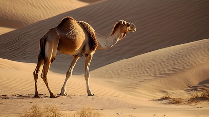 Wall Mural - Lone Camel Wandering Through Expansive Desert Landscape