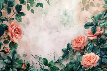 Canvas Print - Pink Roses and Green Leaves on a Marble Background