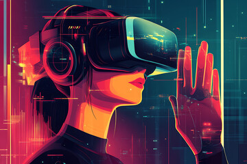 Poster - A woman using a virtual reality headset, exploring digital environments.