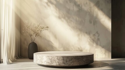 Wall Mural - Minimalist Concrete Podium With Dried Flowers and Sunbeams