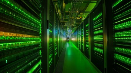 Poster - Server racks line the corridor of a green data center, showcasing energy-efficient LED lighting that highlights the modern technology within the facility