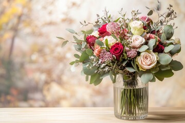 Poster - A vibrant bouquet featuring roses and greenery is perfectly displayed in a glass vase atop a light wood table in a cozy setting. Generative AI