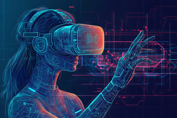 Poster - A futuristic woman with a VR headset interacts with a digital interface.