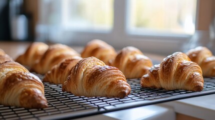 Freshly baked croissants cooling on a wire rack in a cozy kitchen, with a window in the background.