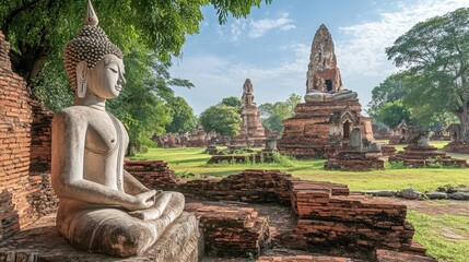 The ancient ruins of Ayutthaya, with towering Buddha statues and red-brick temples, standing amidst greenery.