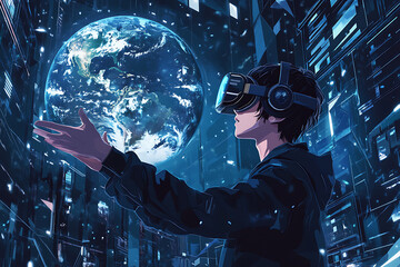Poster - A person wearing VR goggles reaches toward a holographic Earth in a digital environment.