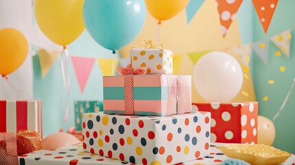 A cheerful pile of vibrant presents with polka dots and stripes on a decorated table, with a festive party scene, balloons, and banners behind.