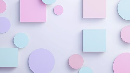 Poster - A minimalist pastel background with square and circular shapes in soft shades of pink, purple, and blue, arranged in a modern design.
