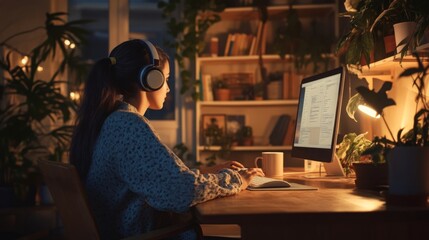 Aufkleber - A individual sits at a wooden desk in a softly lit room, focused on a computer screen