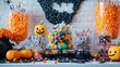 © phianguma - Playful Halloween setup with colorful candy, festive decorations, and cute costumes for a fun, family-friendly vibe