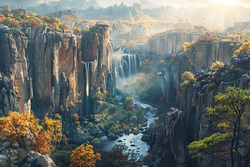 Canvas Print - Majestic Waterfall in a Canyon