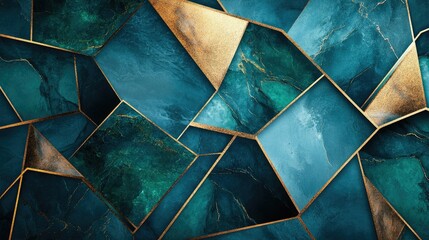 Poster - Polygon shapes in rich tones of deep blue and emerald with gold accents, layered to create a sophisticated luxury background.