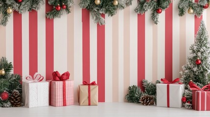 Stylish Christmas backdrop with alternating white stripes and subtle holiday accents for a refined seasonal vibe