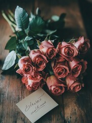 Poster - A stunning bouquet of pink roses rests on a rustic wooden table, accompanied by a heartfelt handwritten note, creating a cozy atmosphere. Generative AI