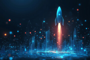 Poster - A digital rocket launching over a futuristic cityscape, symbolizing innovation and exploration.