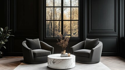 Black and White Living Room Interior with Two Swivel Chairs and a Marble Coffee Table