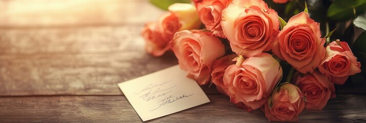 Poster - A beautiful bouquet of pink roses rests on a rustic wooden table, accompanied by a heartfelt handwritten note reflecting love and gratitude. Generative AI