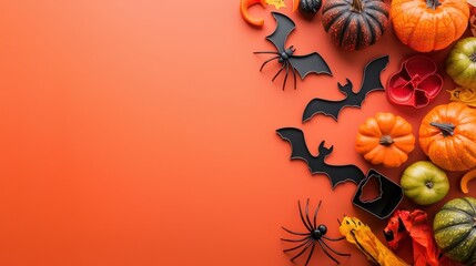 Wall Mural - Festive Halloween decorations featuring pumpkins, bats, spiders, and autumn leaves on a vibrant orange background.