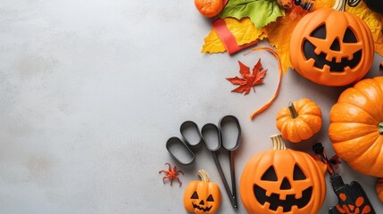 Wall Mural - A vibrant Halloween scene with carved pumpkins, autumn leaves, and carving tools on a textured background.