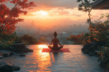 Wall Mural - A person practicing yoga in a serene outdoor setting at sunrise. Concept of mindfulness and physical well-being.