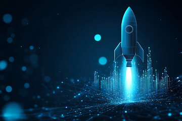Poster - A futuristic rocket launching amidst digital data streams and glowing particles.